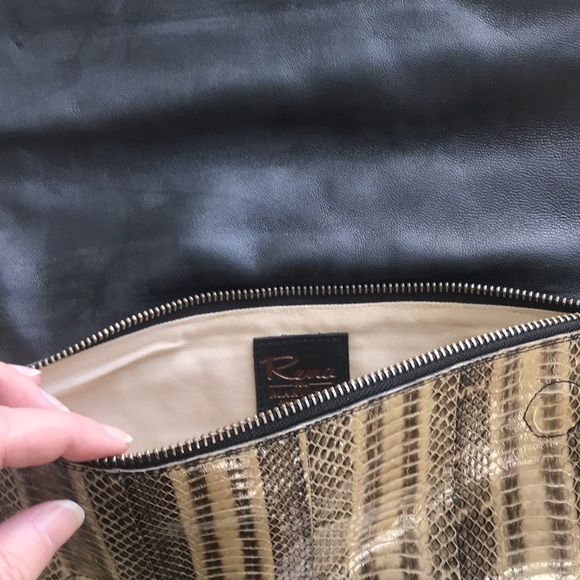 Taupe snake print embossed leather clutch. - Picture 4 of 5